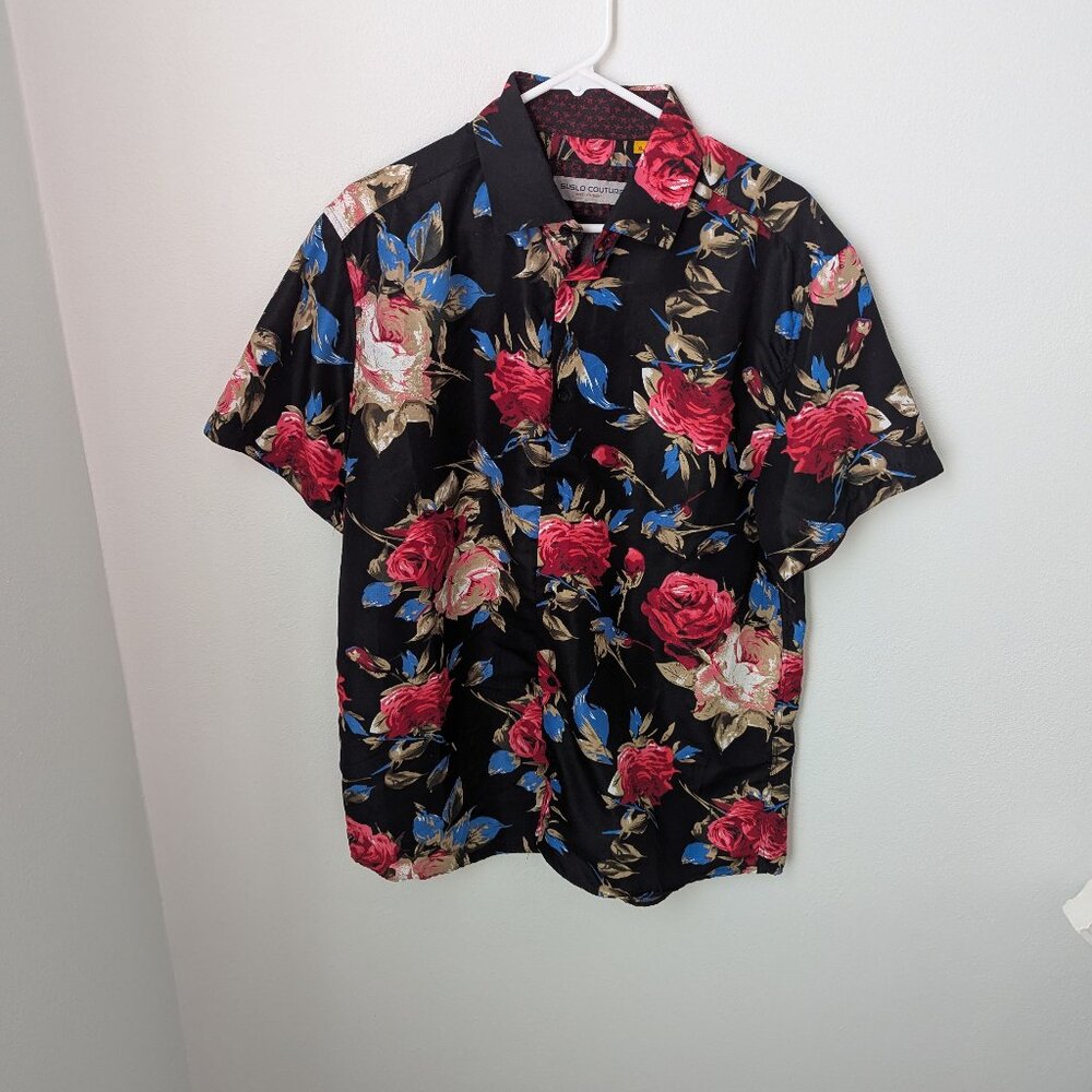 Suslo Couture Men's Floral Short Sleeve Button Down, XL